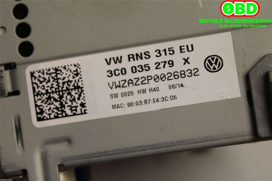 Bilstereo navigasjon til VW Touran 2010-2015 (Type I, Fase 3)  (VOLKSWAGEN|3C0 035 279  X||3C0035279X)