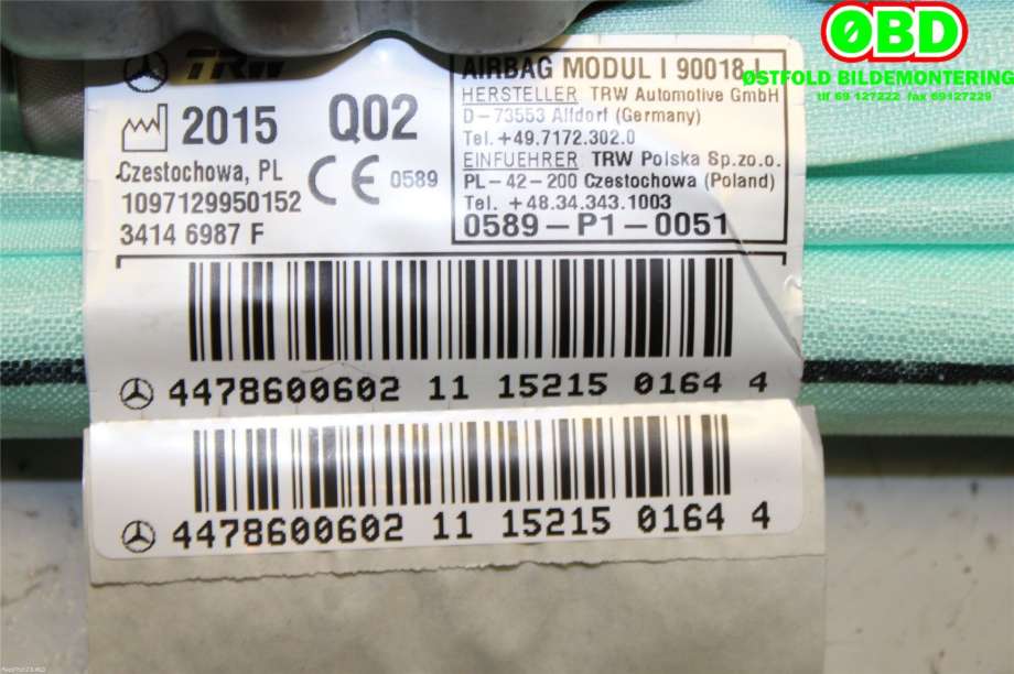 Airbag gardin venstre til Mercedes Vito 2014-->> (W447) (W447) (MERCEDES|A 447 860 06 02|A 447 860 78 00|4478600602)