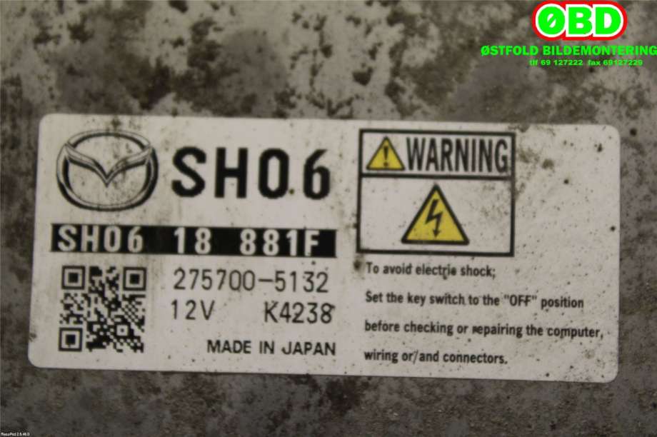 Styreenhet motor til Mazda 6 2013-2015 (Type III, Fase 1)  (MAZDA|SH0618881F|)