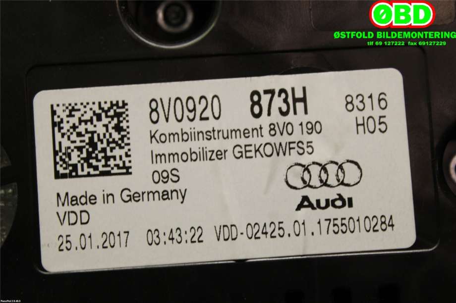 Instrumentpanel til Audi A3 2016-2020 (Type III, Fase 2) (AUDI|8V0920873H|)