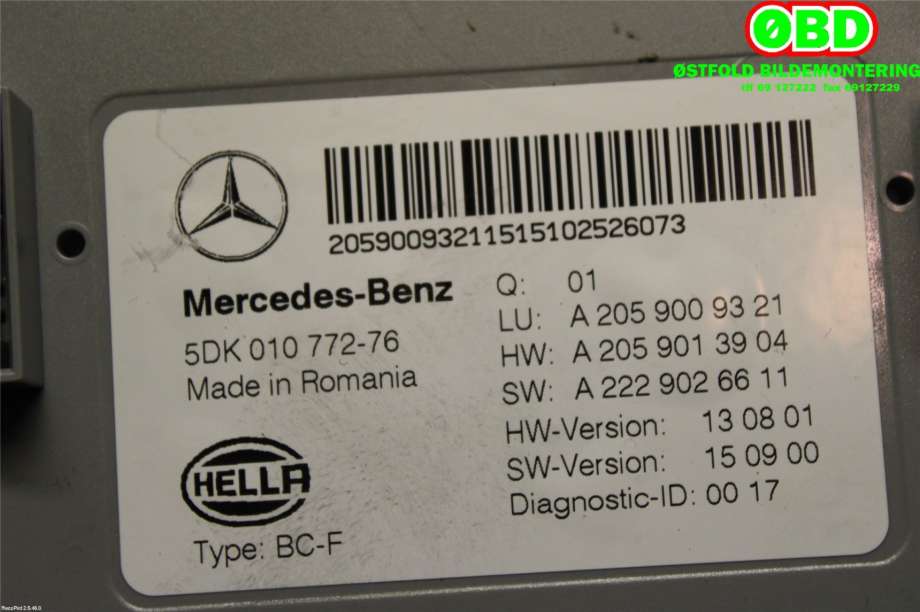 Styreenhet diverse til Mercedes C-Klasse 2014-2018 (Fase 1) (W205) (W205) (MERCEDES|A 205 900 93 21|A 205 900 63 30|2059009321)