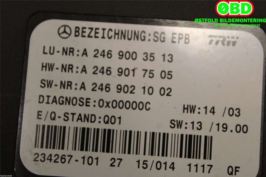 Styreenhet elektrisk parkbrems (EPB - Electric Parking Brake) til Mercedes CLA 2013-2019 (C117) (C117) (MERCEDES||2469003513)