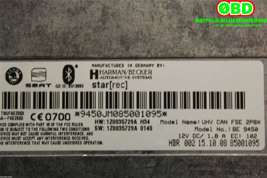 Styreenhet DAB til Škoda Octavia 2009-2013 (Type II, Fase 2) (SKODA|1Z0 035 729 D|1Z0 035 729 E|)