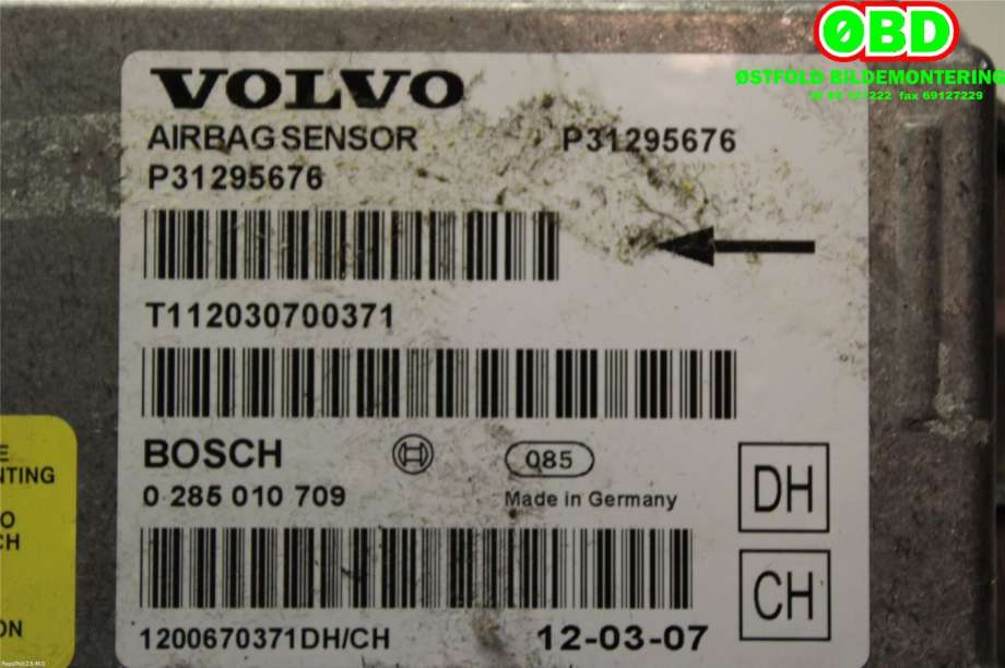 Airbag elektronikk til Volvo V70 2007-2013 (Type III, Fase 1)  (VOLVO|31295676|0285010709)