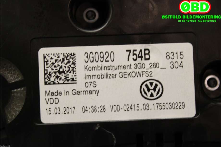 Instrumentpanel til VW Passat 2015-2019 (Fase 1) (B8) (B8) (VOLKSWAGEN|3G0 920 754 B||3G0920754B)