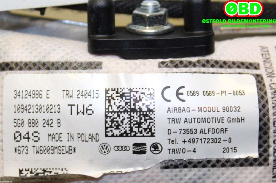 Airbag sidepute høyre til VW e-Golf 2014-2017 (Fase 1)  (VOLKSWAGEN|510 880 242||5G0880242B)