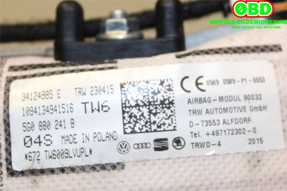 Airbag sidepute venstre til VW e-Golf 2014-2017 (Fase 1)  (VOLKSWAGEN|510 880 241||5G0880241B)