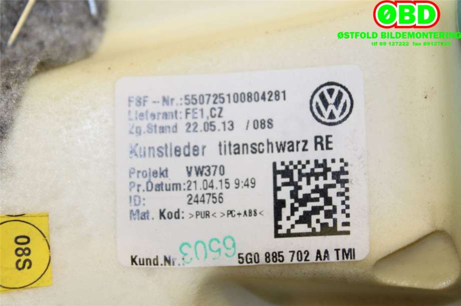 Airbag sidepute høyre til VW e-Golf 2014-2017 (Fase 1)  (VOLKSWAGEN|5G0 885 704 AA||5G0885702AA)