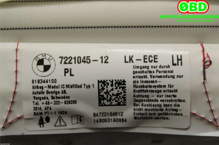 Airbag gardin venstre til BMW 3-Serie 2012-2018 (F30/F31/F34) (F30/F31/F34) (BMW|72 12 7 221 045||7221045)