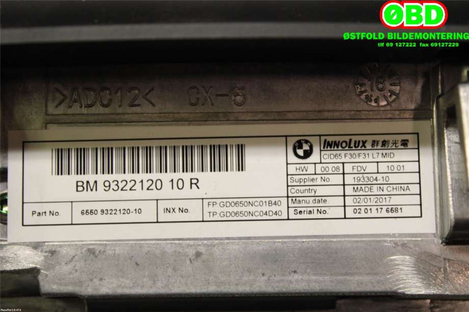 Instrument kjørecomputer til BMW 3-Serie 2012-2018 (F30/F31/F34) (F30/F31/F34) (BMW|65 50 9 322 120||9322120)
