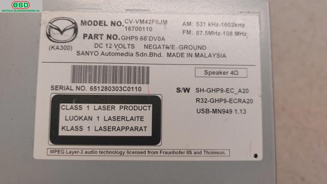 Bilstereo navigasjon til Mazda CX-5 2012-2017 (Type I) (MAZDA||CVVM42F0JM)