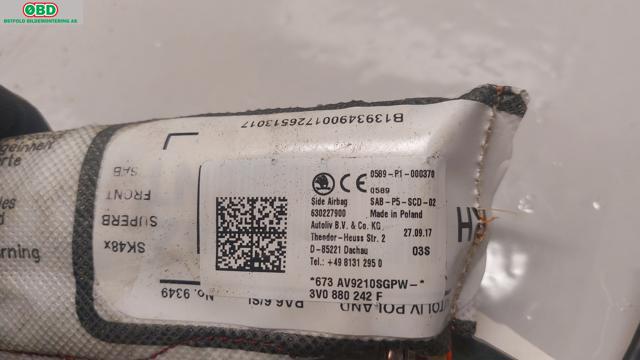 Airbag sidepute høyre til Škoda Superb 2015-->> (Type III) (SKODA|3V0 880 242 F|3V0 880 242 J|3V0880242F)