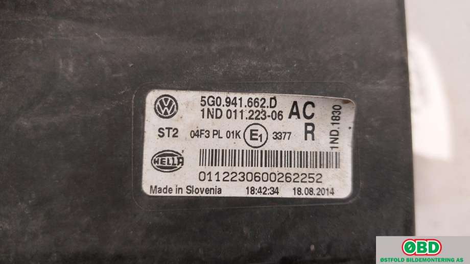 Tåkelykt høyre foran til VW Golf VII 2012-2017 (Fase 1)  (VOLKSWAGEN|5G0 941 662 D|5G0 941 662 J|5G0941662D)