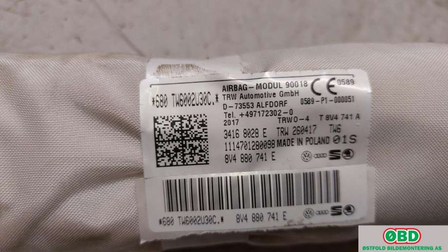 Airbag gardin venstre til Audi A3 2016-2020 (Type III, Fase 2)  (AUDI|8V4 880 741 E|)
