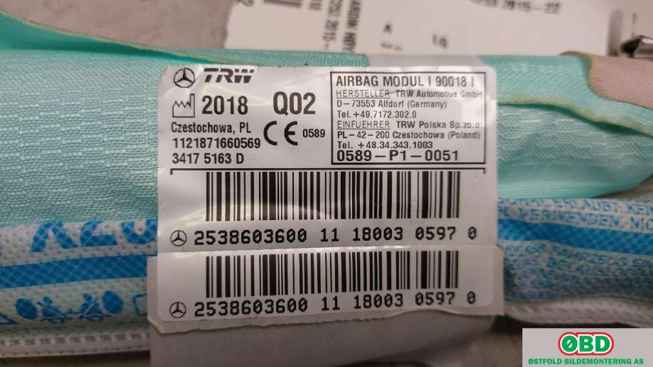 Airbag gardin høyre til Mercedes GLC 2015-2022 (X253) (X253) (MERCEDES|A 253 860 36 00||2538603600)