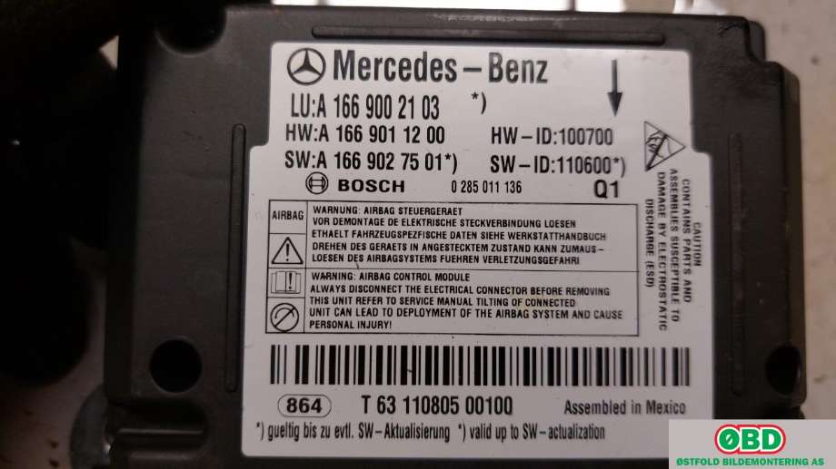 Airbag elektronikk til Mercedes ML 2011-2015 (Fase 1) (W166) (W166) (MERCEDES|A 166 900 21 03||1669002103)