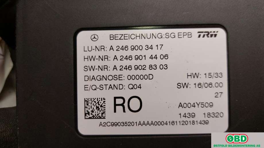 Styreenhet elektrisk parkbrems (EPB - Electric Parking Brake) til Mercedes GLA 2014-2020 (X156) (X156) (MERCEDES|A 246 900 34 17||2469003417)