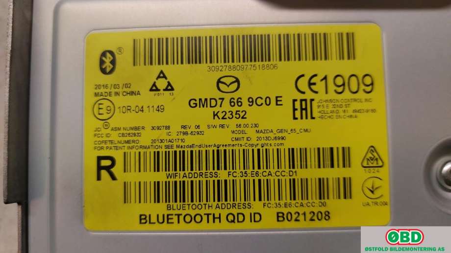 Bilstereo navigasjon til Mazda CX-3 2015-2022 (MAZDA|GMD7-66-9C0D|)