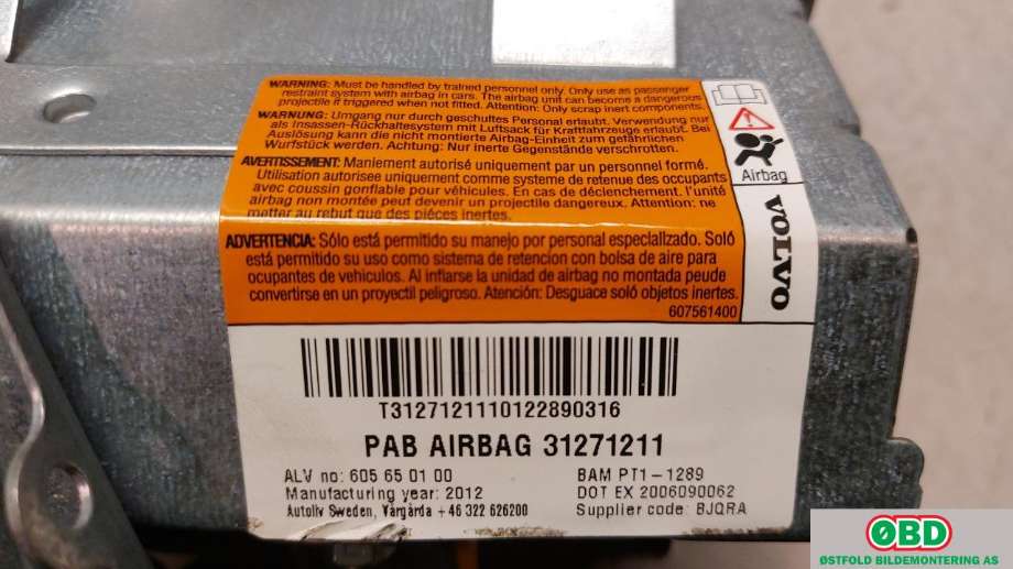 Airbag passasjer til Volvo V70 2007-2013 (Type III, Fase 1)  (VOLVO|31271211|)