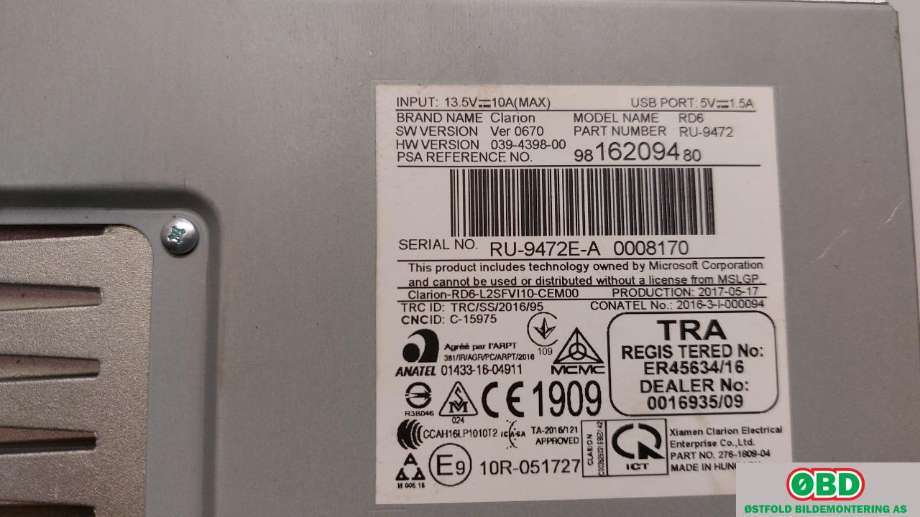 Bilstereo til Toyota Proace 2016-->> (Type II)  (TOYOTA||9816209480)