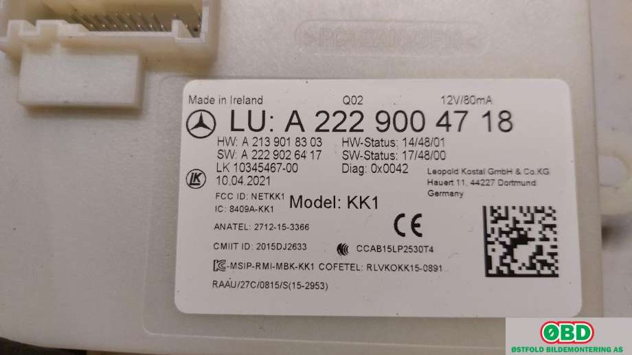 Styreenhet nøkkelfri/keyless til Mercedes GLC 2015-2022 (X253) (X253) (MERCEDES|A 222 900 00 16|A 222 900 80 21|2229004718)