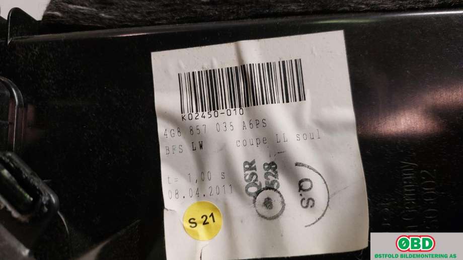 Hanskerom til Audi A7 2010-2014 (Type I, Fase 1)  (AUDI|4G8 857 104 A|)