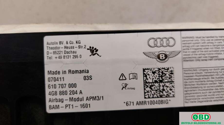 Airbag passasjer til Audi A7 2010-2014 (Type I, Fase 1)  (AUDI|4G8 880 204 A||4G8880204A)