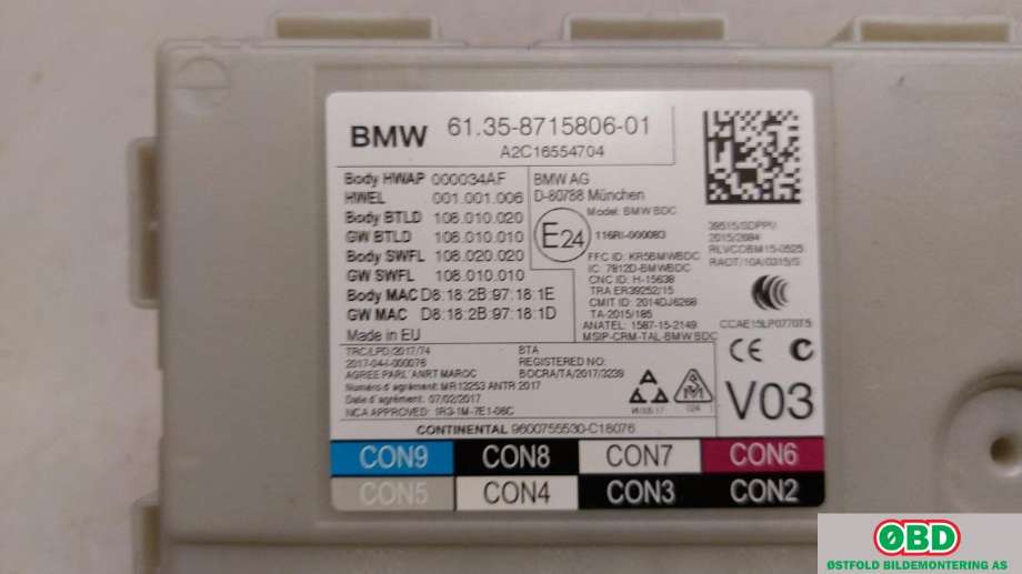 Styreenhet comfort (BCM) til BMW 5-Serie 2017-->> (G30/G31) (G30/G31) (BMW|61 35 5 A1F 375||61358715806)