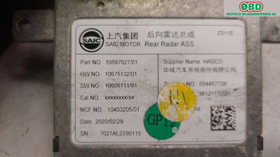Sensor radar til MG ZS EV 2019-2021 (Type I, Fase 1) (654457738|)