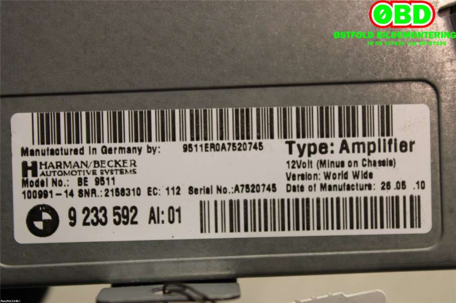 Bilstereo forsterker til BMW 5-Serie 2010-2017 (F10/F11) (F10/F11) (BMW|65 12 9 312 592|)