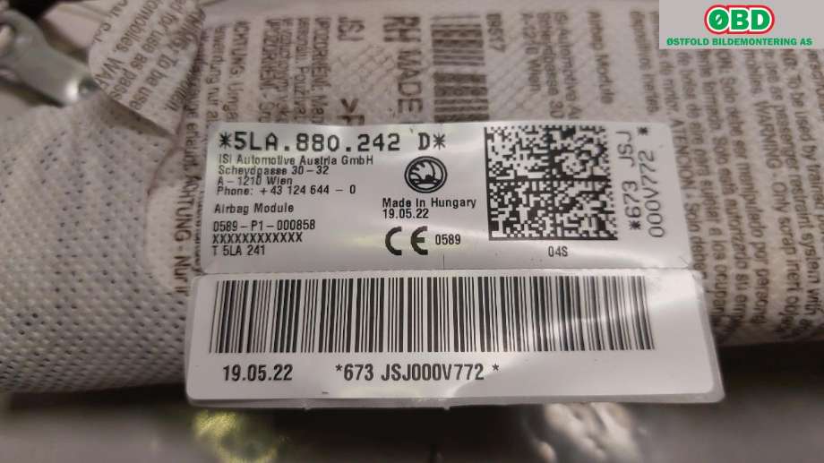 Airbag sidepute høyre til Škoda Enyaq 2021-->> (SKODA ENYAQ 80X NY|5LA 880 242 D||5LA880242D)