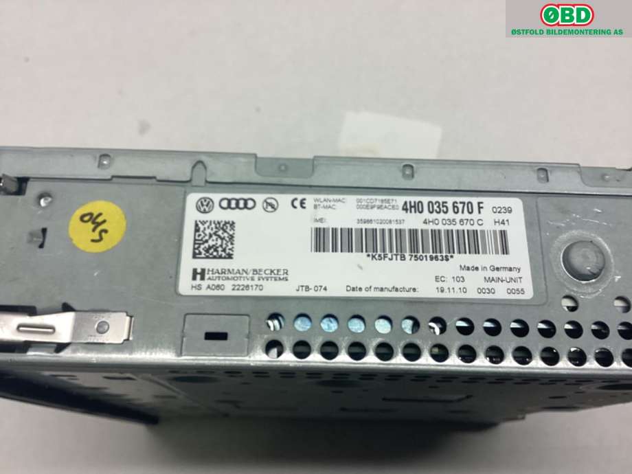 Bilstereo navigasjon til Audi A8 2010-2013 (Type III, Fase 1)  (AUDI|4H0 035 670 FX||4H0 035 670 F)