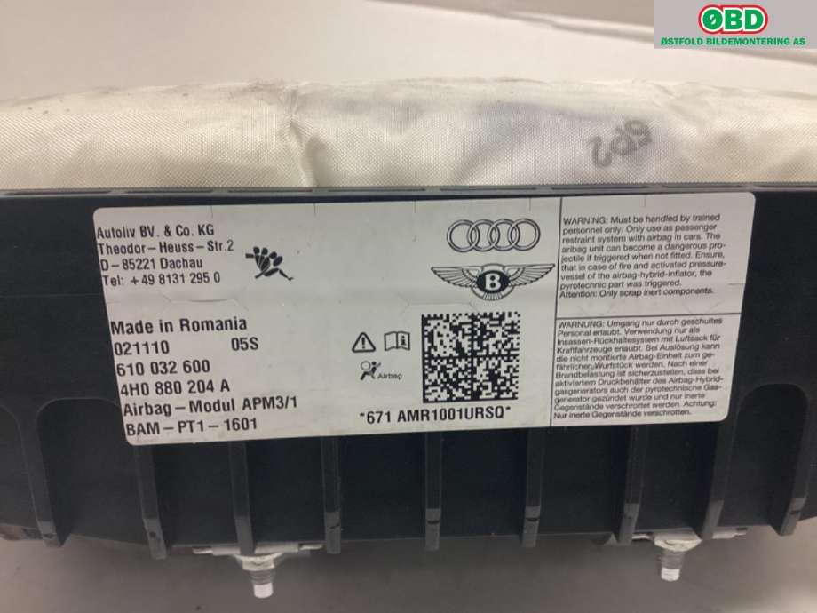 Airbag passasjer til Audi A8 2010-2013 (Type III, Fase 1)  (AUDI|4G8 880 204 E|4G8 880 204 F|4H0880204A)