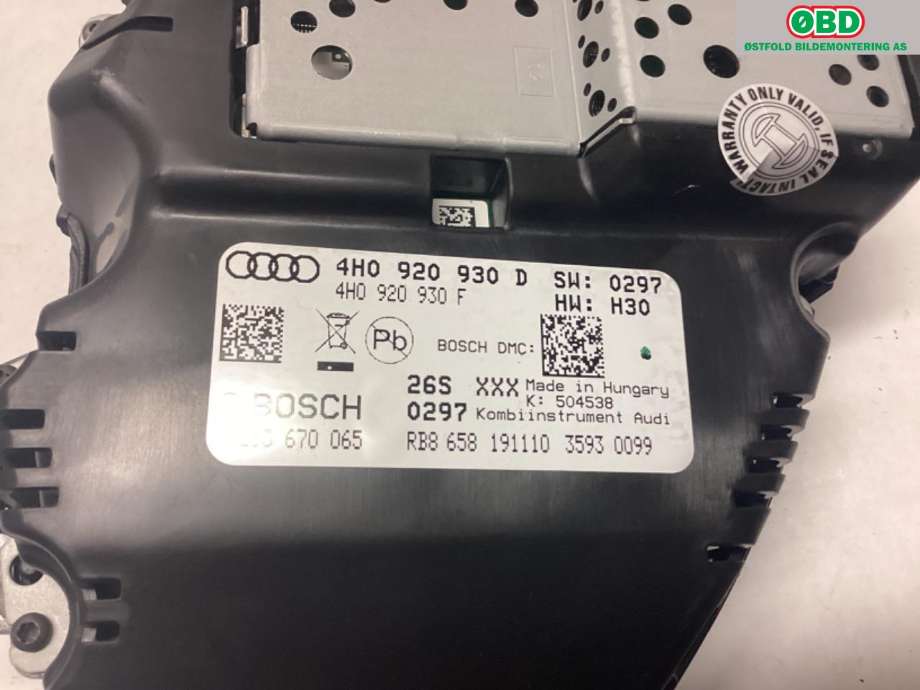 Instrumentpanel til Audi A8 2010-2013 (Type III, Fase 1)  (AUDI|4H0 920 930 DX|)
