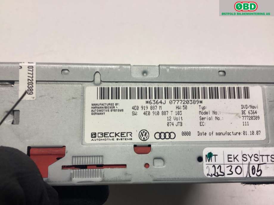 Bilstereo navigasjon til Audi A6 2008-2011 (Type III, Fase 2) (C6) (C6) (AUDI|4E0 910 888 PX||4E0919887M)