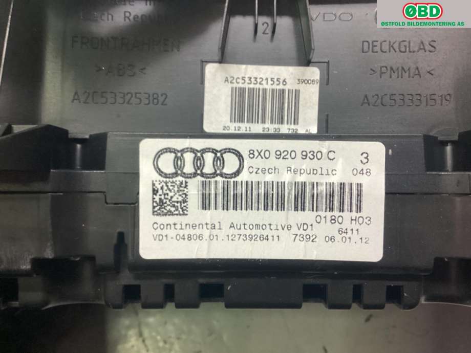 Instrumentpanel til Audi A1 2010-2014 (Type I, Fase 1)  (AUDI|8X0 920 930 C||8X0920930C)
