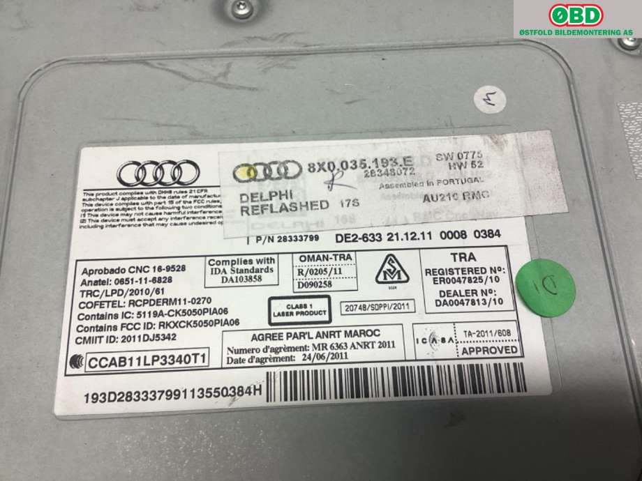 Bilstereo navigasjon til Audi A1 2010-2014 (Type I, Fase 1)  (AUDI|8X0 035 193 F||8X0035193E)