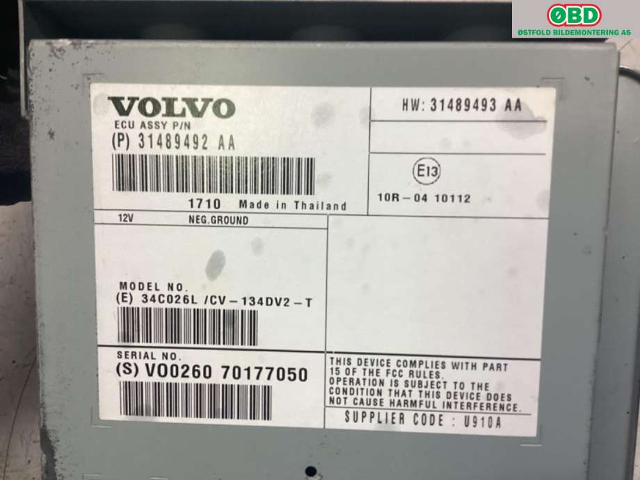 Bilstereo forsterker til Volvo V60/V60 CC 2013-2018 (Type I, Fase 2)  (VOLVO|36003216||31489492AA)