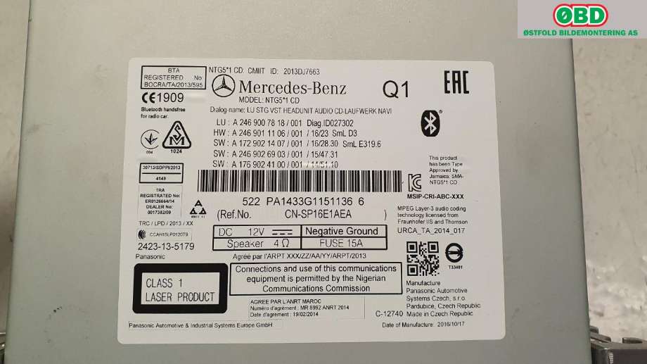 Bilstereo navigasjon til Mercedes B-Klasse 2011-2018 (W246) (W246) (MERCEDES|A 246 900 78 18||2469007818)
