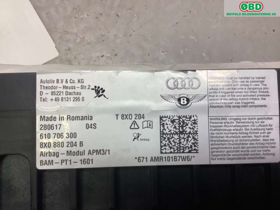 Airbag passasjer til Audi A1 2015-2018 (Type I, Fase 2) (AUDI|8X0 880 204 B||8X0880204B)