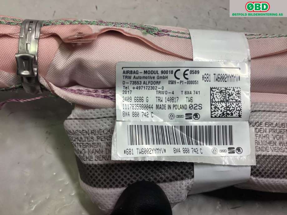 Airbag gardin høyre til Audi A1 2015-2018 (Type I, Fase 2) (AUDI|8X4 880 742 C||8X4880742C)