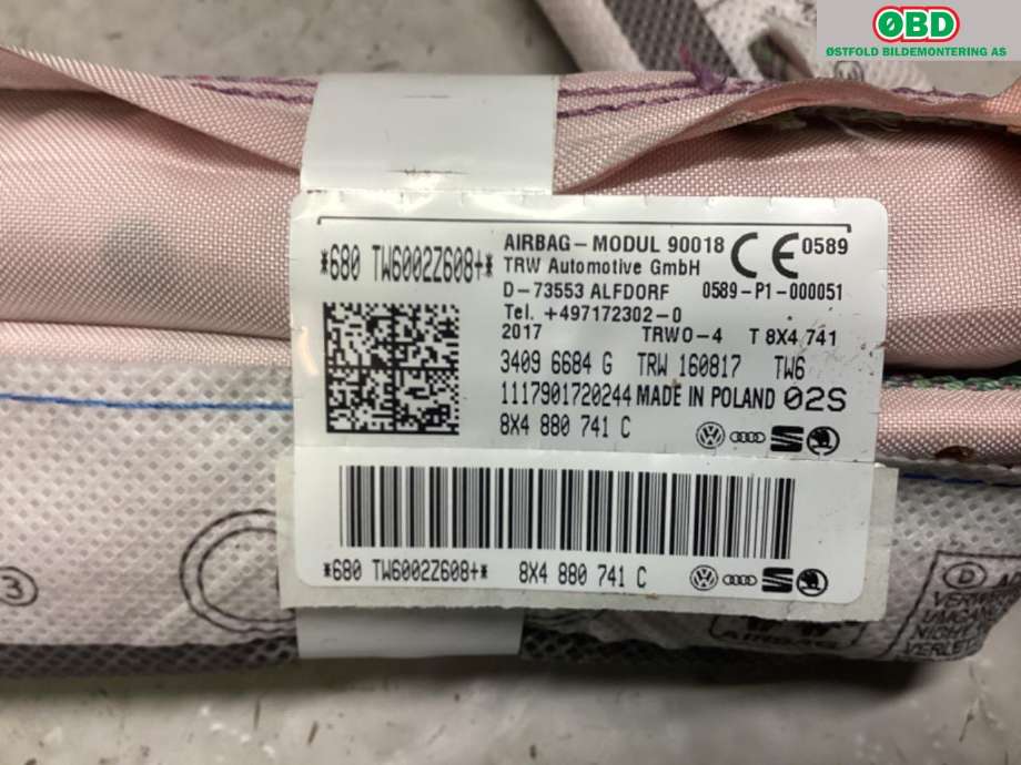 Airbag gardin venstre til Audi A1 2015-2018 (Type I, Fase 2) (AUDI|8X4 880 741 C||8X4880741C)