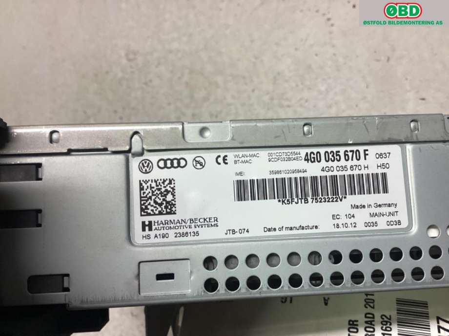 Bilstereo navigasjon til Audi A6, Allroad 2012-2014 (Type III, Fase 1) (C7) (C7) (AUDI|4G0 035 670 F||4G0035670F)