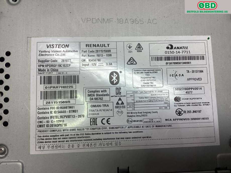 Bilstereo til Renault Trafic 2014-->>  (RENAULT|281151569R|)
