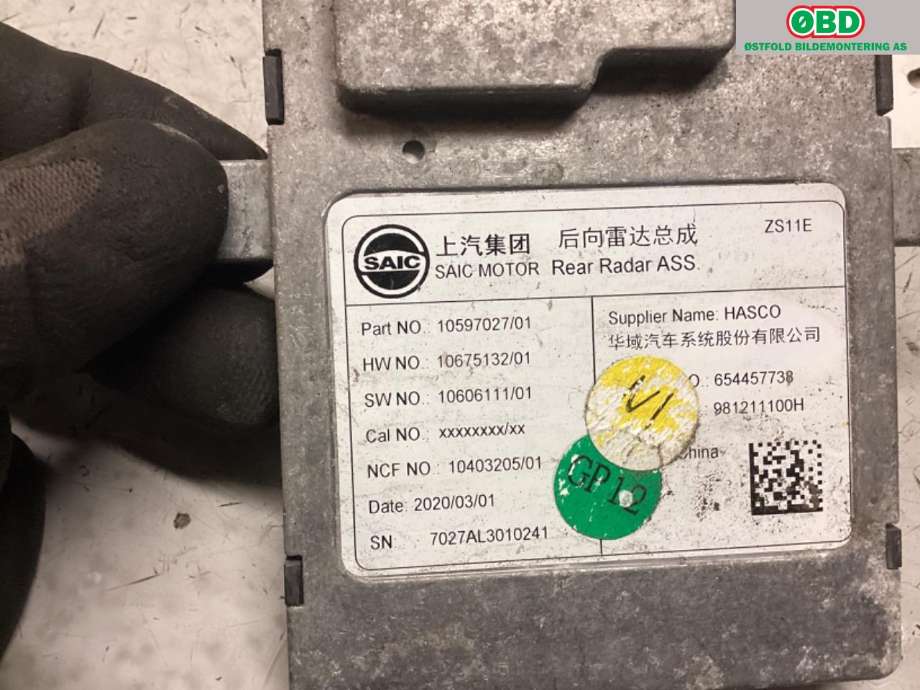 Sensor radar til MG ZS EV 2019-2021 (Type I, Fase 1)  (MG ZS EV|654457738||10597027)