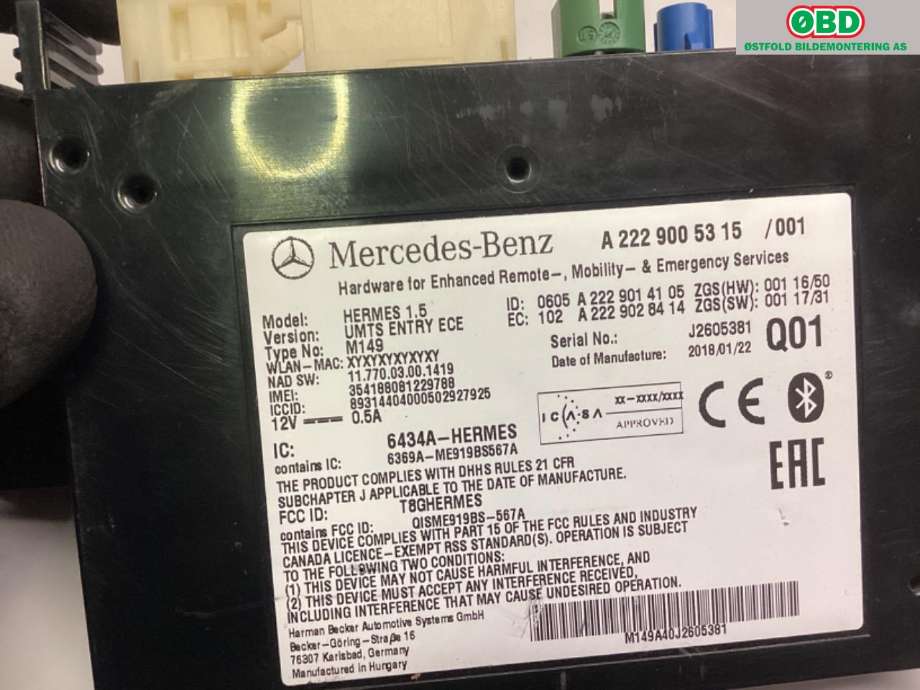 Styreenhet bluetooth til Mercedes C-Klasse 2018-2021 (Fase 2) (W205) (W205) (MERCEDES|A 222 900 53 15|)