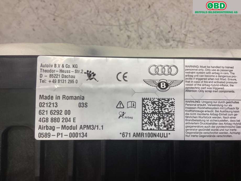 Airbag passasjer til Audi A6 2014-2018 (Type IV, Fase 2) (C7) (C7) (AUDI|4G8 880 204 E|)