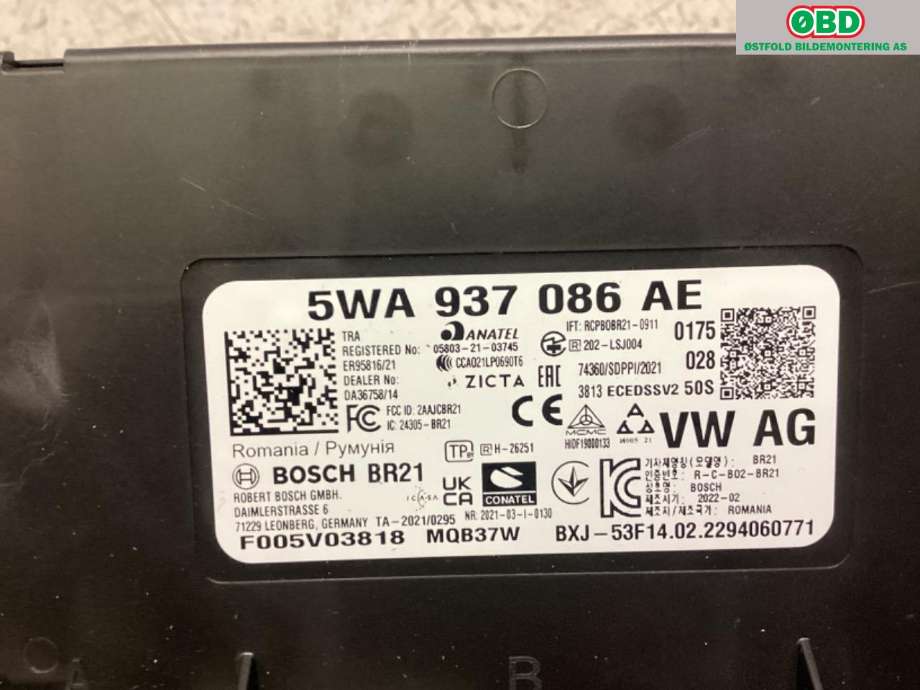 Styreenhet comfort (BCM) til VW Caddy 2020-->> (Type IV)  (VOLKSWAGEN|5WA 937 086 AG|5WA 937 086 BB|5WA 937 086 AE)