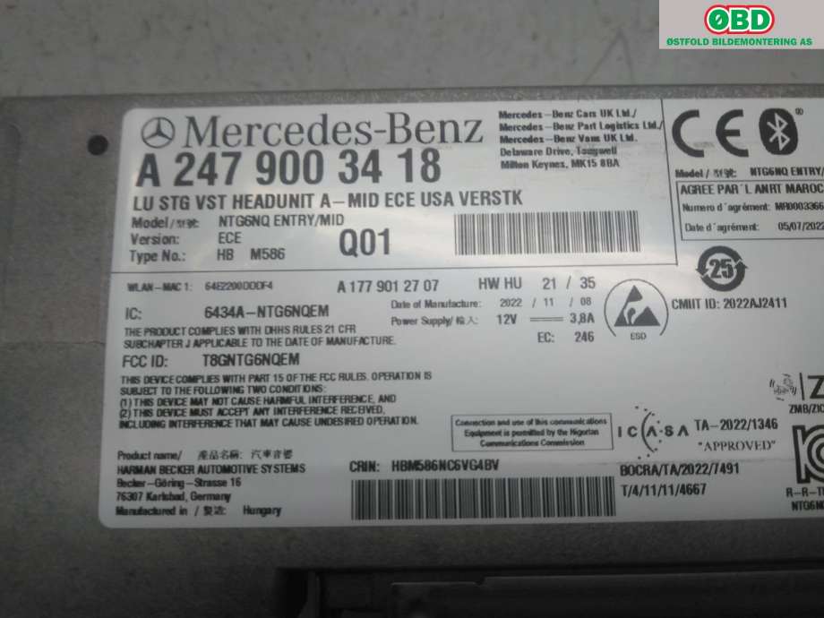Bilstereo navigasjon til Mercedes EQB 2022-->>  (MERCEDES|A 247 900 34 18|)
