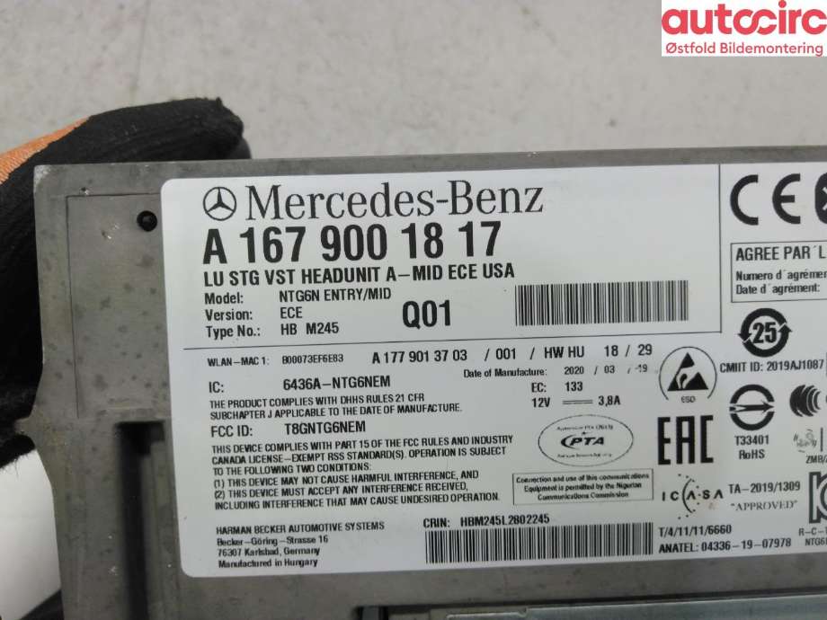 Bilstereo navigasjon til Mercedes A-Klasse 2018-->> (W177) (W177) (MERCEDES|A 167 900 18 17|)